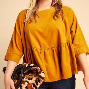 Anthropologie Mustard Corduroy 3/4 Sleeve Oversized Babydoll Top